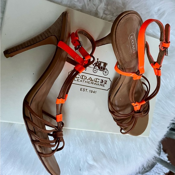 Coach size 8.5 strappy, sexy bright orange and tan heels. - Picture 3 of 4
